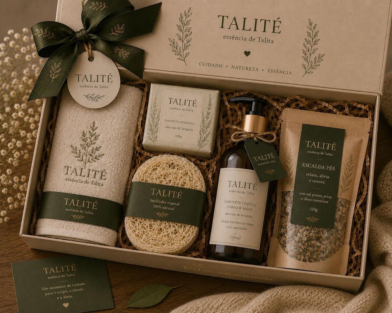 Kit Bem-Estar da Talité com sais de banho, sabonete líquido, bucha vegetal e sabonete em barra